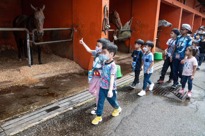 kids walking pass horse stable